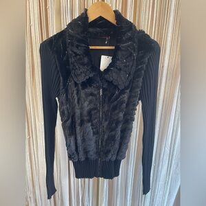 Beldini Black Faux Fur cardigan jacket w/ rhinestone zipper size medium sequin